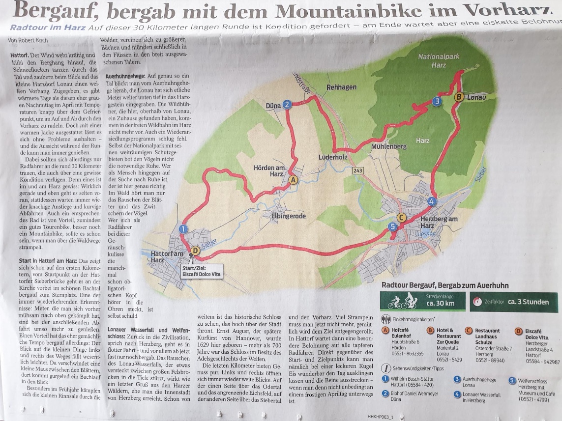 Mountainbike Tourvorschlag 30 km von Hattorf über Lonau und Herzberg