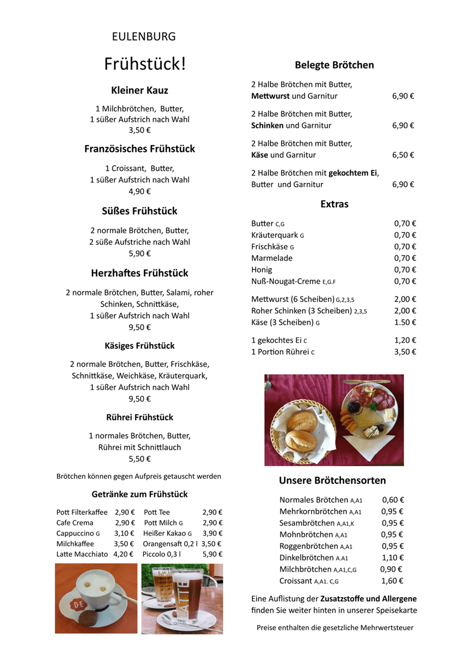 Eulenburg Frühstückskarte