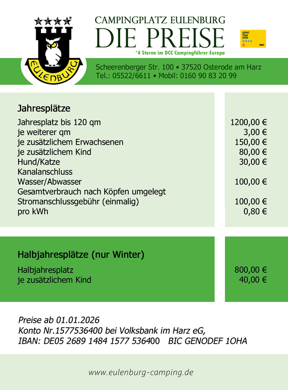 Dauercamper Jahresplätze Preisliste