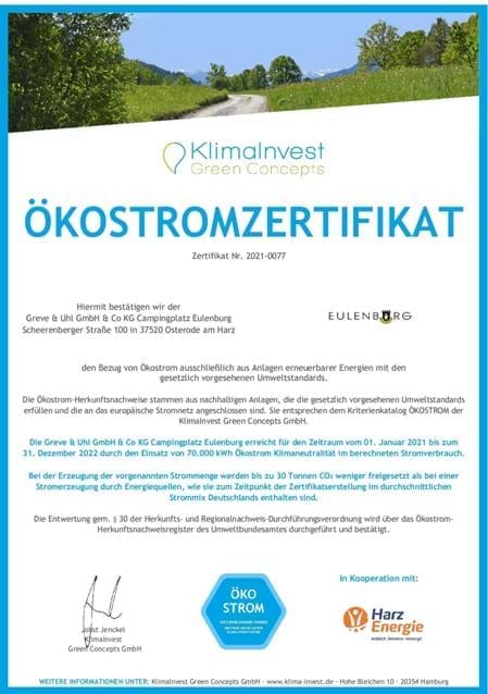 Ökostromzertifikat Eulenburg Camping