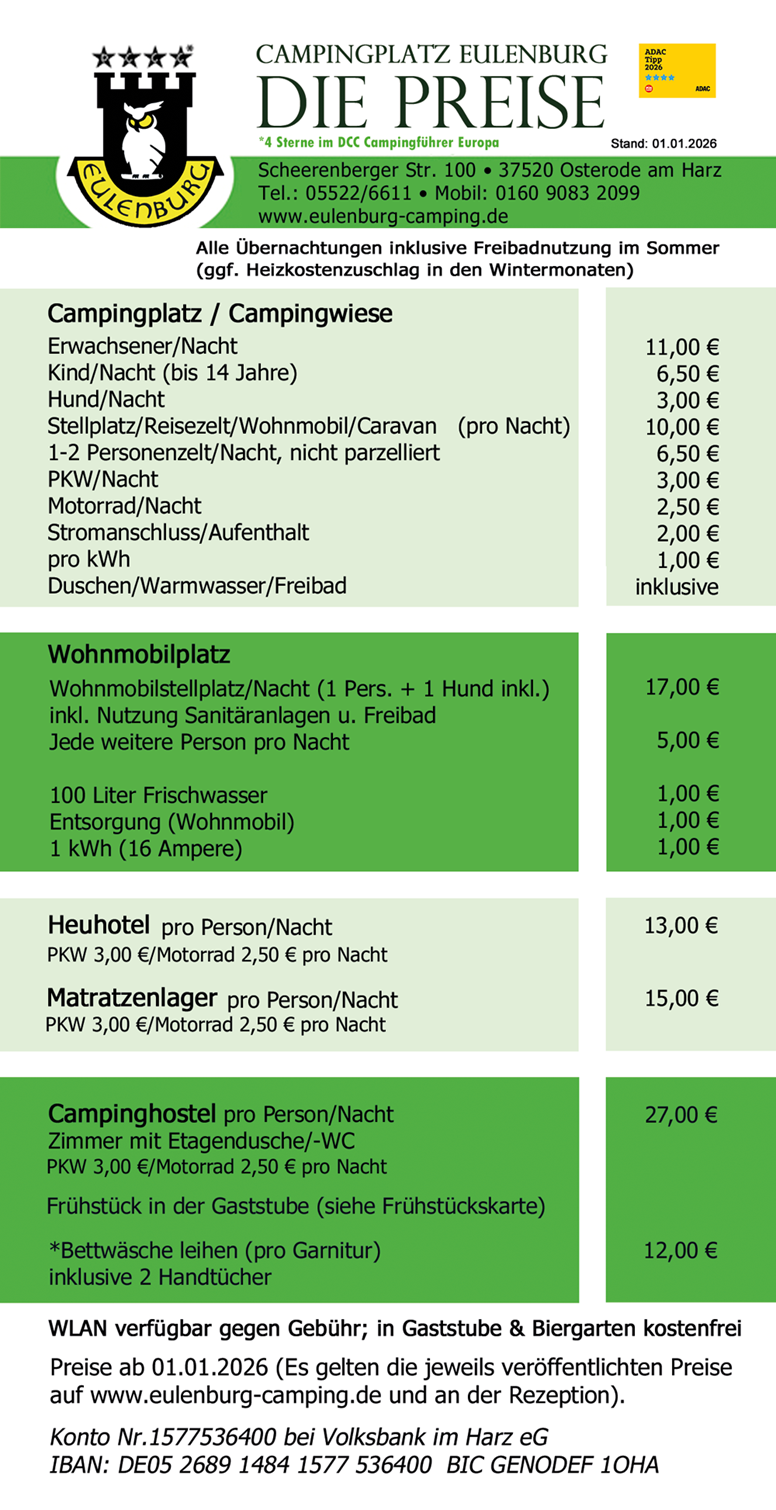 Eulenburg Camping Preisliste